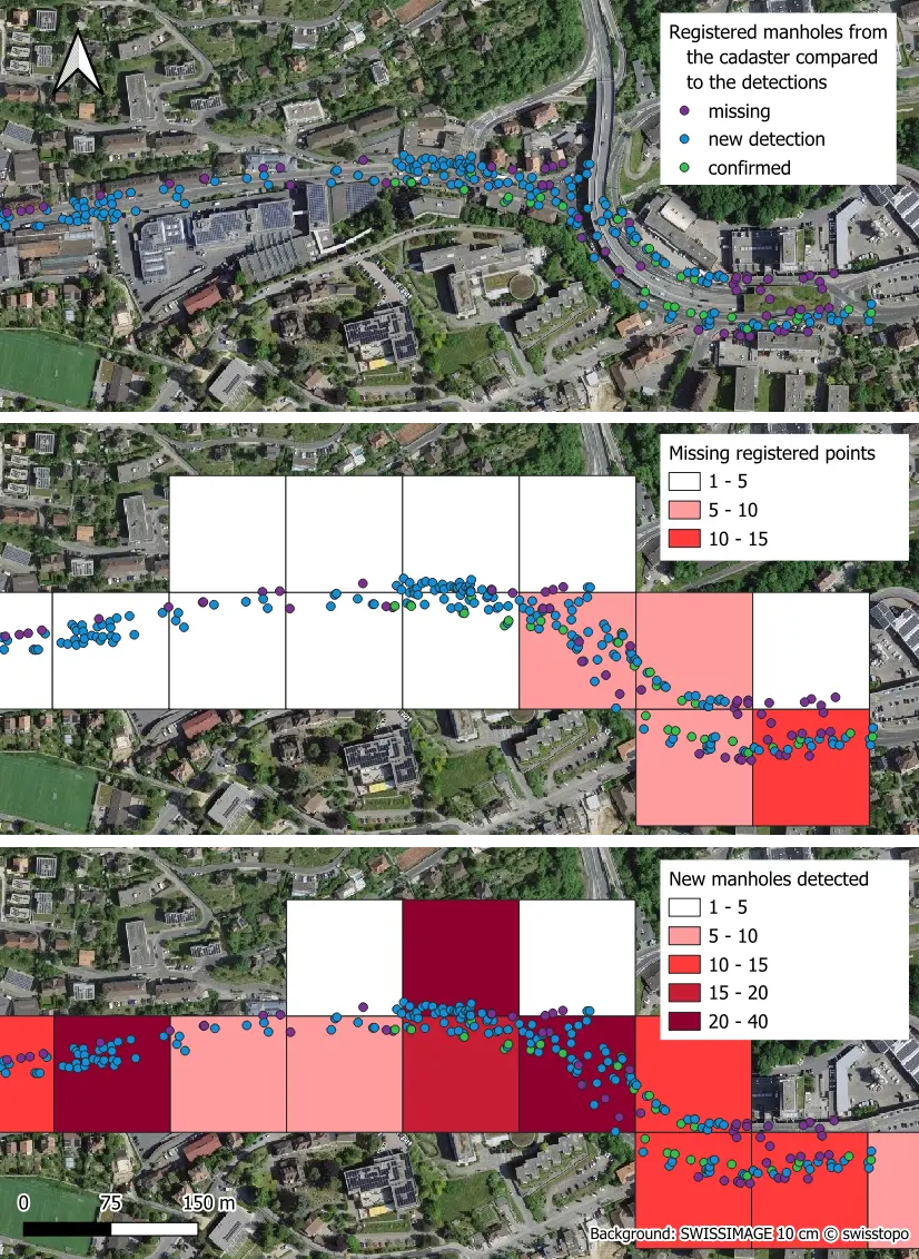 Maps of the comparison between the detections and the registered manholes with only the tagged results (up), the heat map of missed manholes (middle), and the heat map of new detections (down).